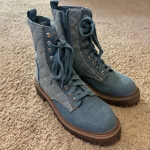 bebe Denim Blue Rhinestone Dorienne-C  Combat Boots